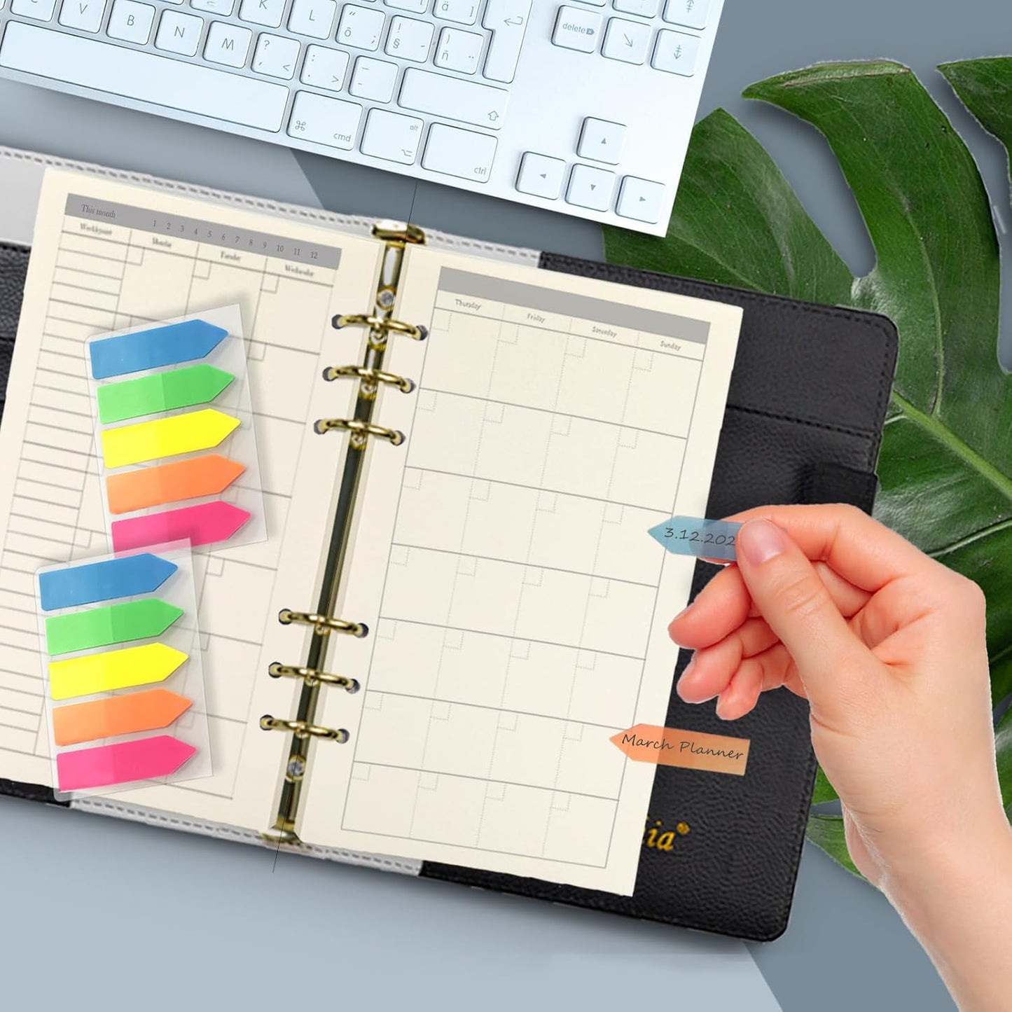 Harphia A6 6 Holes Binder Refill Value Set, 90Sheets Monthly Planner Insert, 5 Sheets Divider Paper, Today ruler With Inch Unit, Translucent Zipper Bag, Pvc Card Bag, 200Pcs Colorful Index Stickers