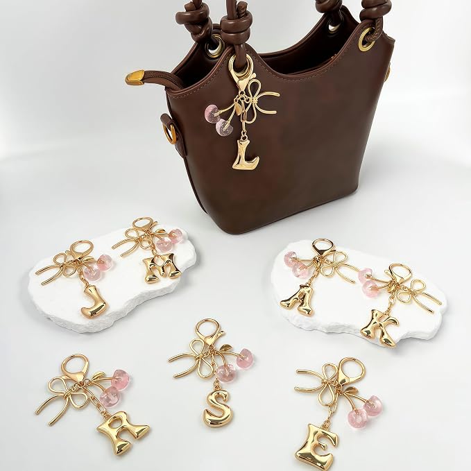 Gold Bubble Heart, Bow & More Designs Letter Initial Keychain Bag Charms – Cute - Image 2