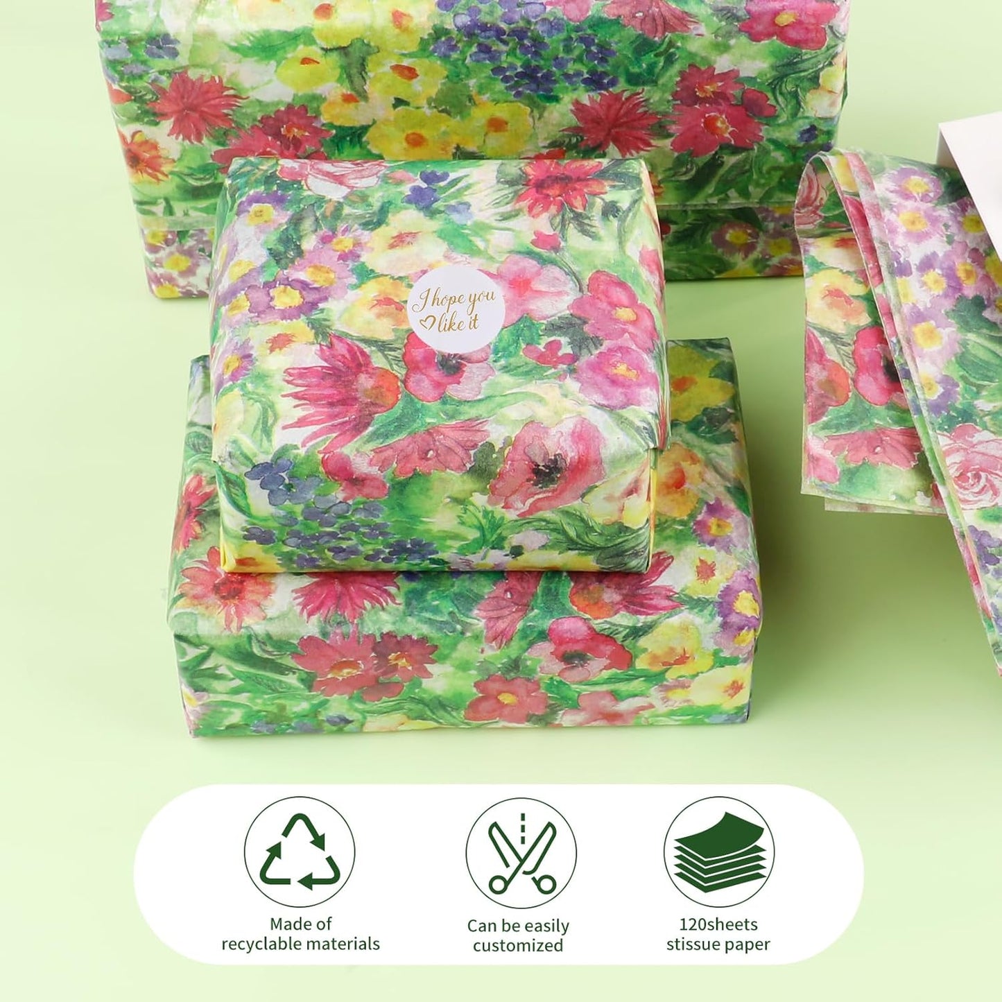 100 Sheets Oil Painting Style Floral Tissue Paper with Stickers,20x14 Inch Botanical Gift Wrapping Paper for Birthday, Wedding, Baby Shower, Bridal Shower, DIY Crafts and Party Favors