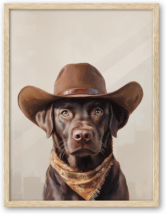 iHery Natural OAK Wood Labrador Dog Cowgirl Hat Framed Wall Art, 12x16 in Neutral Aesthetic Western Trendy Canvas Wall Art Decor For Bedroom, Funky Cute Dog Prints Bathroom Living Room Set of 1