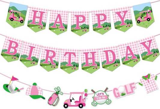 3PCS Pink Golf Birthday Banner for Girl Golfs Party Decorations Golf Theme Happy Birthday Banner Garland Sign Golfs Ball Partys Hanging Banners for Sports Theme Party Baby Shower Supplies
