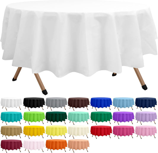 2 Pack White Premium Plastic Tablecloth Round 84 Inches Reusable Snowy White Decorative Table Cover for Dining, Wedding, Party, Indoor and Outdoor use