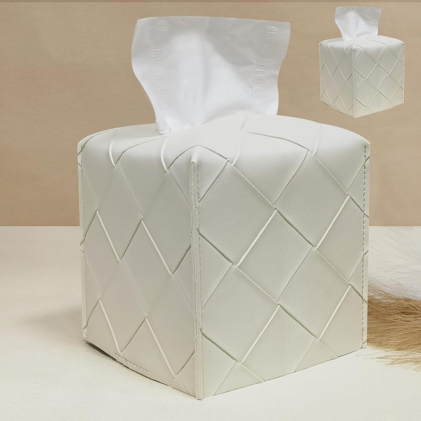 HOMOTEK 2 Pack Tissue Box Cover, PU Leather Tissue Holder,Square Decorative Facial Tissue Cube Paper Organizer Dispenser for Bathroom, Night Stands, Desk, Car 5X5X5'' - Woven Textured, White Ivory
