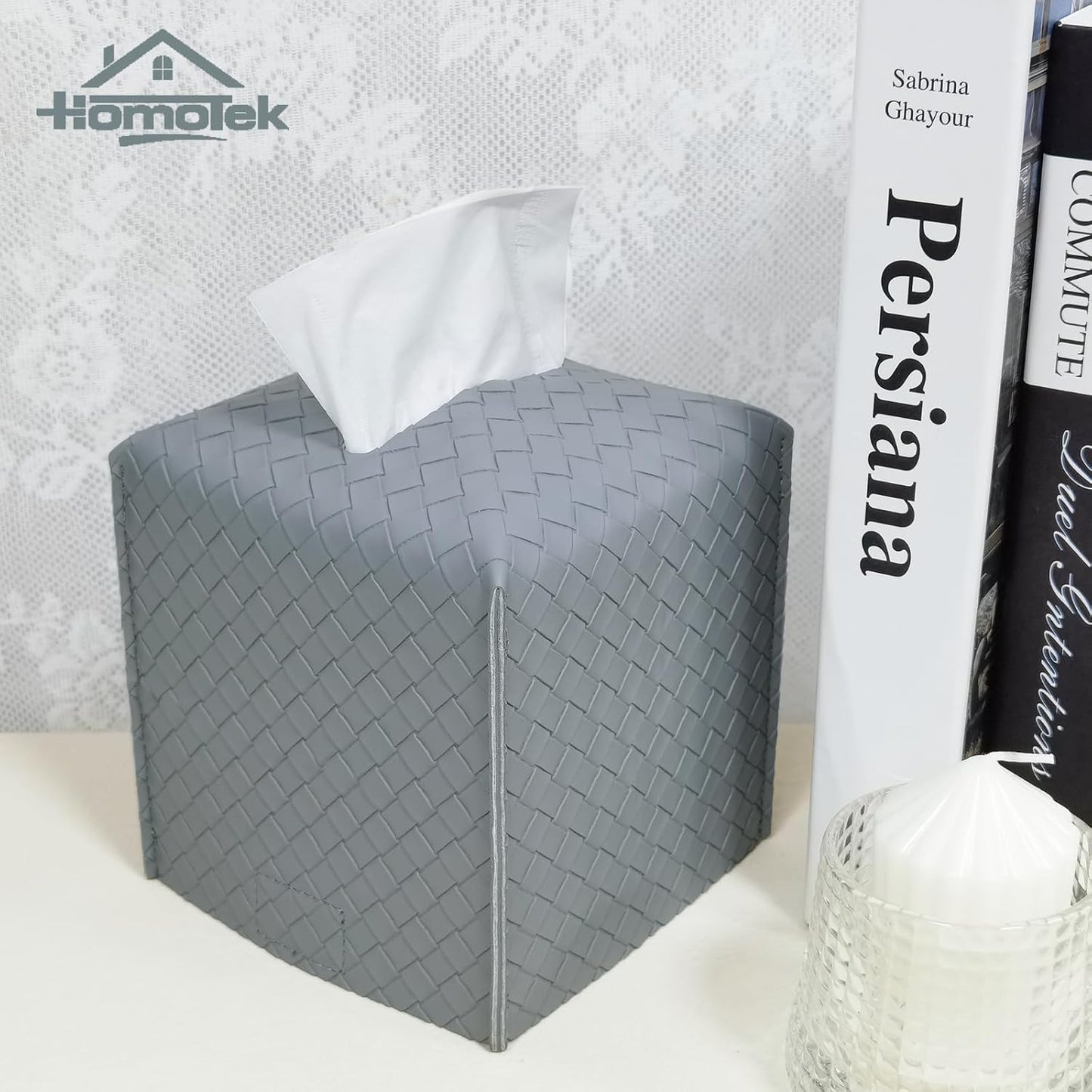 HOMOTEK 2 Pack Tissue Box Cover,PU Leather Tissue Holder,Square Decorative Facial Tissue Cube Paper Organizer Dispenser for Bathroom, Night Stands, Desk, Car 5X5X5'' - Woven Waffle,Light Gray