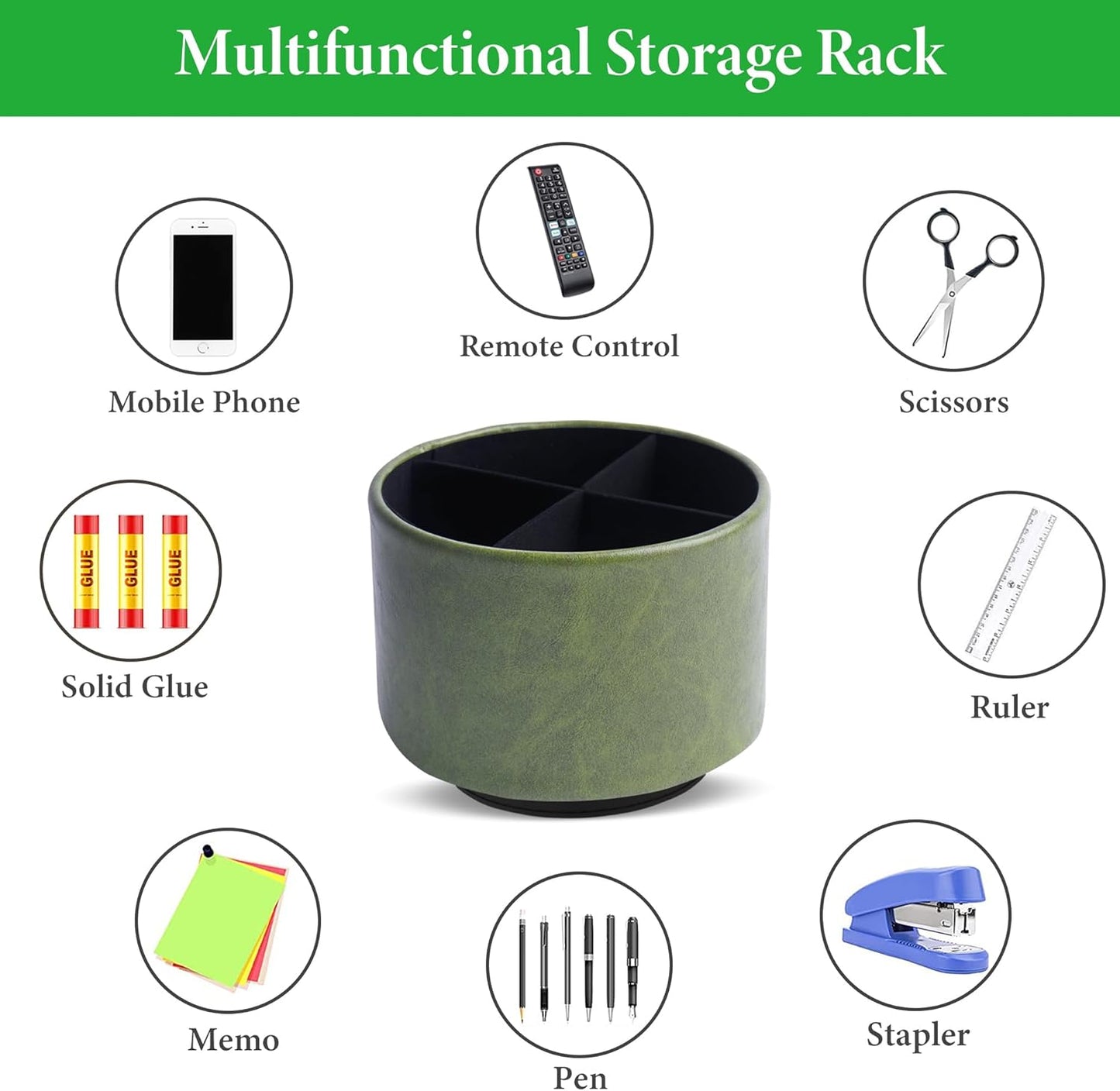 Hennaja Round Leather Art Supply Organizer,Remote Control Holder,360 Degree Spinning,Multi-Functional Pencil Holder,4 Compartments Desktop Stationary Organizer(1-Oil Bamboo)