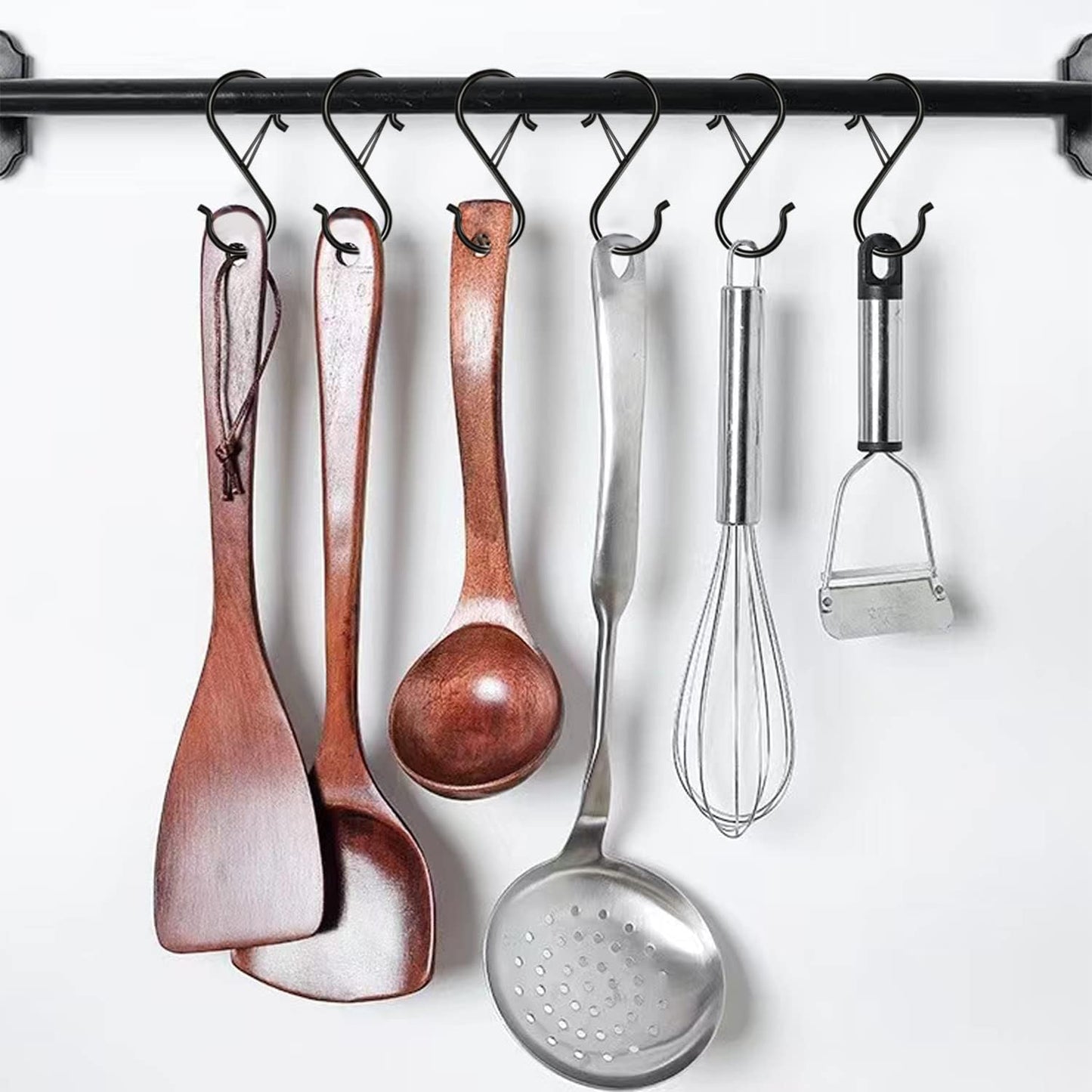 16 Pack Heavy Duty S Hooks with Safety Buckle - S Shaped Hooks for Hanging Plants, Clothes, Kitchen Utensils, Bags (Black)