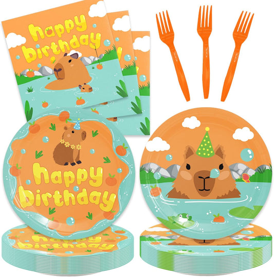 48Pcs Capybara Birthday Decorations Cartoon Capy Theme Baby Shower Plates and Napkins Forks Serves 16 Guests Capybara Birthday Party Decorations