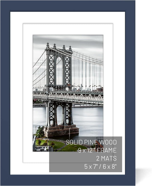 9x12 Solid Wood Picture Frames - Display 6x8 or 5x7, 9x12 Frame, Poster Photo Frame Art with 2 Mats for Wall or Table Mounting (Jazz Blue)