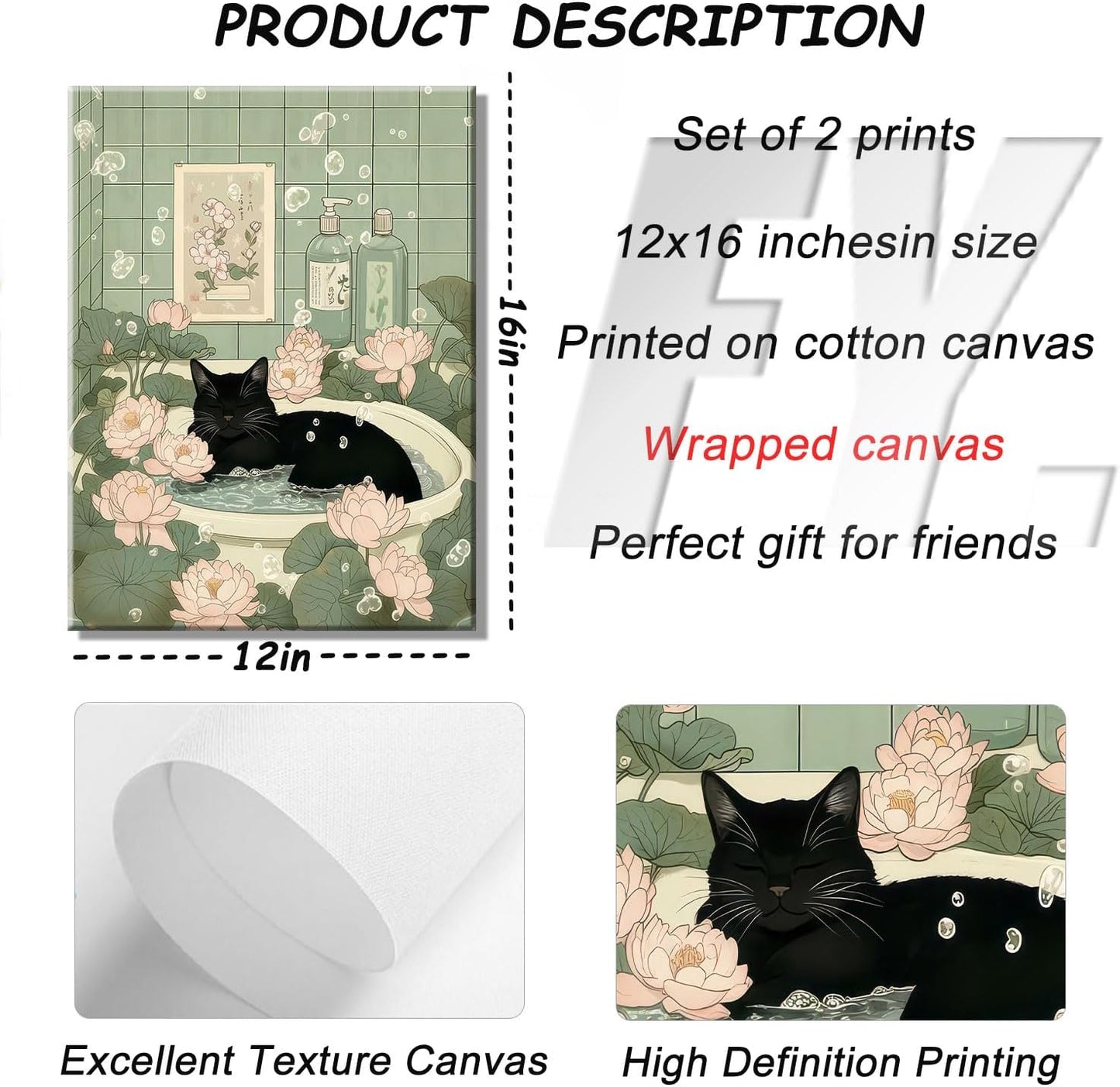 Japanese Cat Bathroom Canvas Wall Art Cute Funny Black and Tabby Cat Poster Prints Zen Lotus Style Painting Pictures Animal Bathtub Wall Decor for Bathroom Toilet Home & Spa Framed
