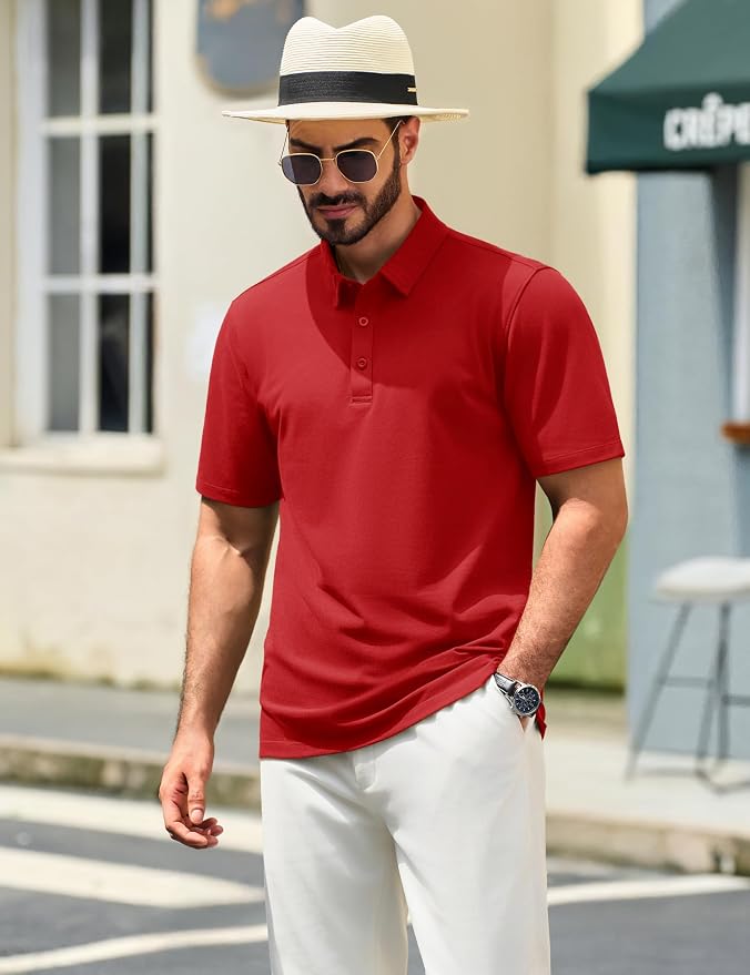 TACVASEN Mens Polo Shirts Short Sleeve Pique 3 Buttons Golf Polo Cooling - Image 3