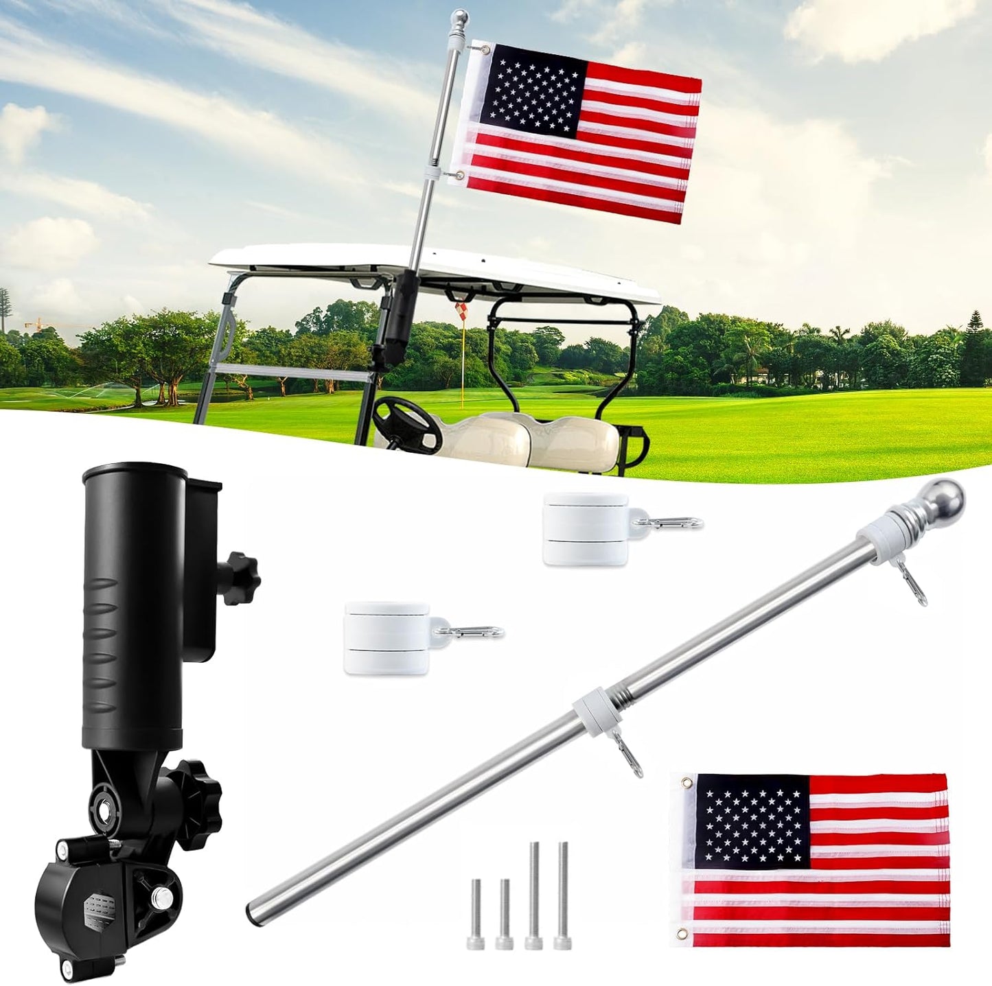 Heavy Duty Golf Cart Flag Holder and Flag Pole Kit for Yamaha, EZGO, Club Car, Upgraded Design Aluminium Alloy Base for Golf Carts, Boat, Vehicles, Golf Push Carts, Included USA Flag (12"×18")