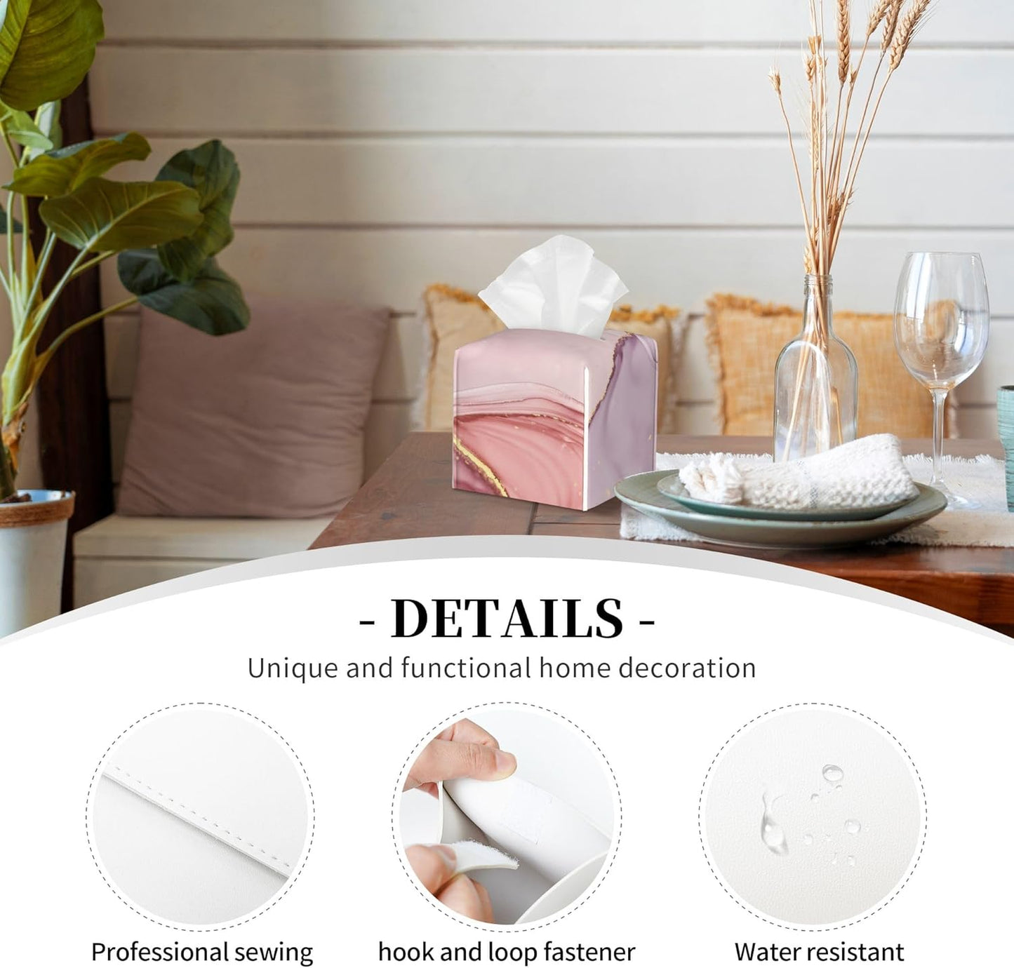 Tissue Box Cover Square, Pink Golden Liquid Marble Leather Tissue Box Holder Decorative Organizer for Bathroom, Home Office Car Decor