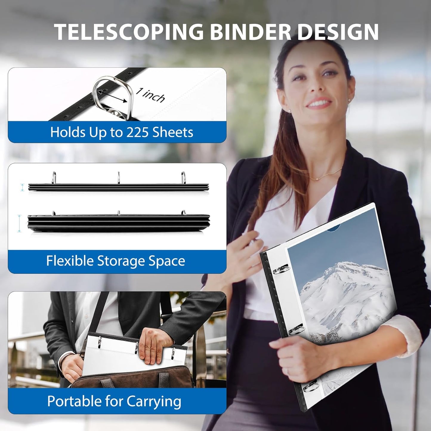 12 Pack Telescoping 3 Ring Binder 1 Inch, Flexible Thin Binder with Customized Front Cover, Holds Up 225 Sheets, School Office Supplies, White