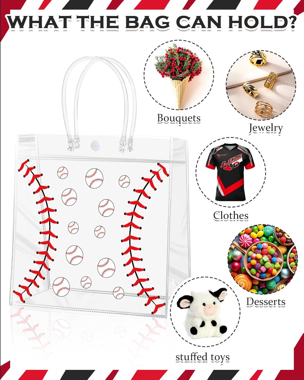 24 Pieces Baseball Clear PVC Gift Bag with Handles Transparent Baseball Treat Goodie Bags 8 x 8 x 3.2Inch Sport Theme Party Favor Bag for Birthday Holiday Sports Team (baseball)
