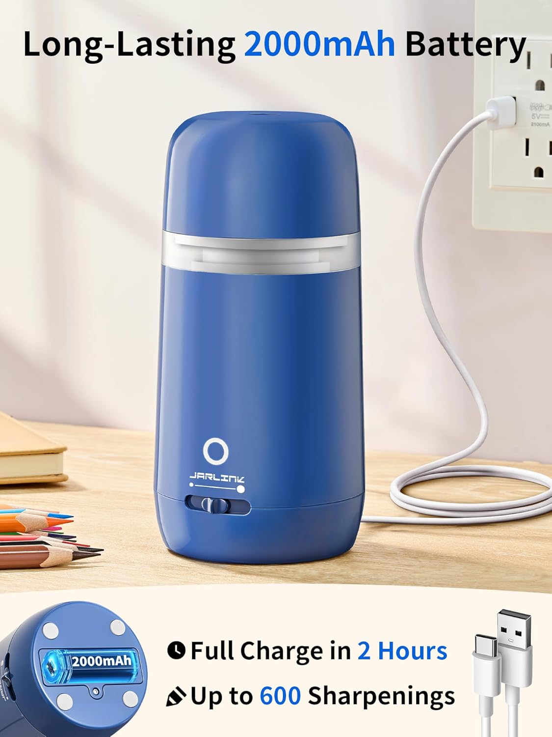 JARLINK Automatic Electric Pencil Sharpener - Hands-Free Operation, 3 Sharpness Modes, 3-Second Sharpening, Rechargeable & Portable for 7-12mm Pencils, Ideal for Classroom and Home Use (Blue)