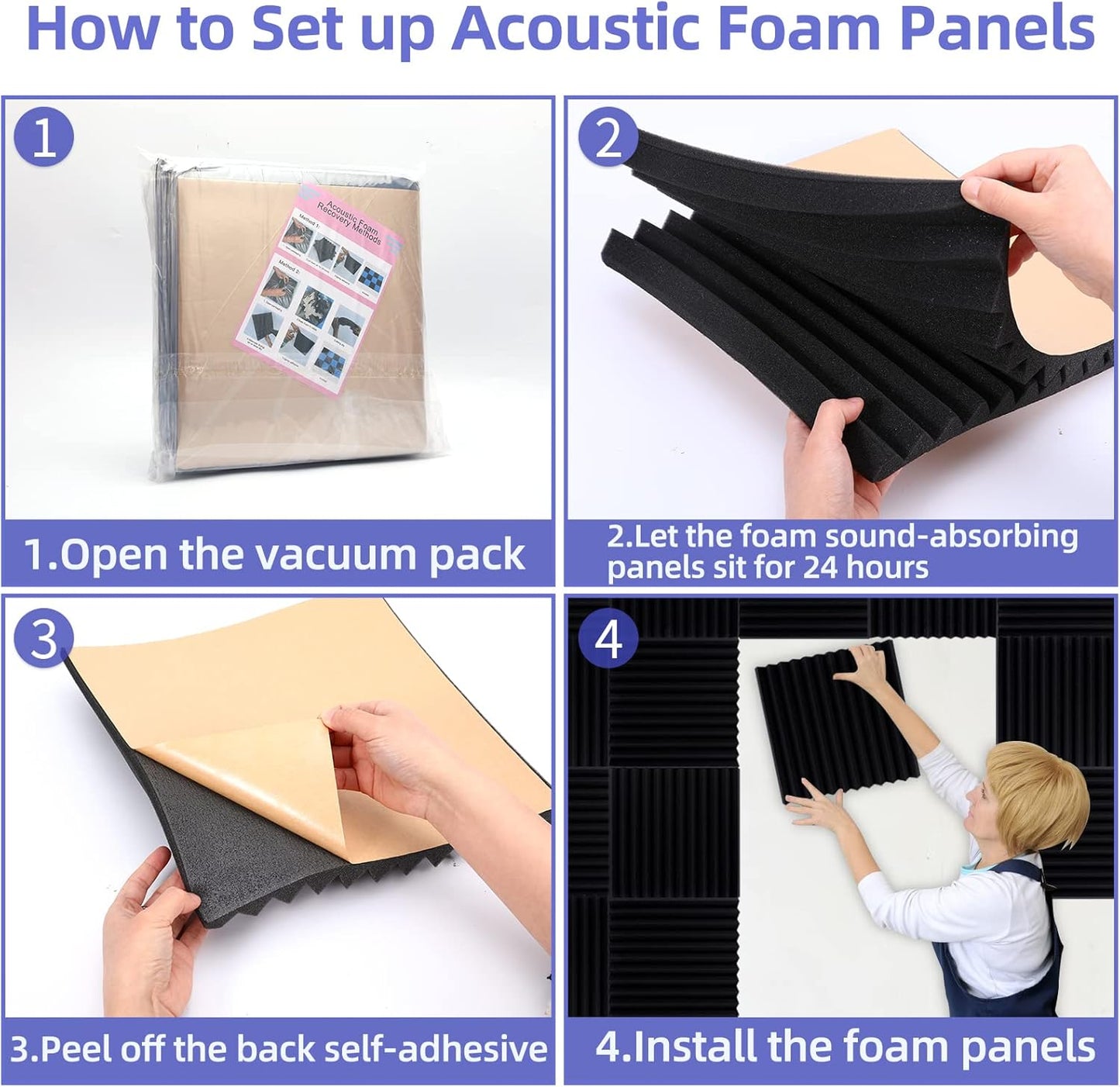 24 Pack Acoustic Panels, 1" X 12" X 12" Acoustic Foam Panels, Sound Proof Foam Panels, Self-Adhesive Soundproof Wall Panels ,Fire-Proofed Soundproofing Wedges,Acoustic Treatment Foams for Home-Black