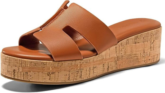 Coutgo Women's Platform Wedge Sandals Open Toe Slip On Slides Cork Heeled by Coutgo