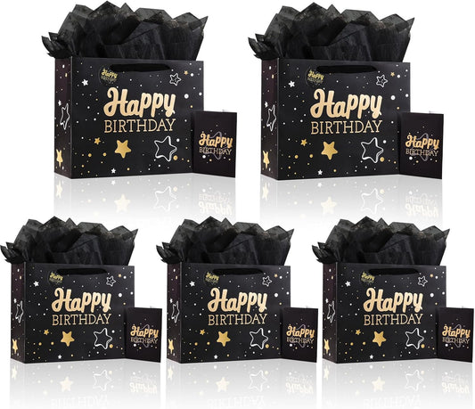 13" Black Happy Birthday Gift Bag with Tissue Paper and Greeting Card for Party,Happy Birthday Gift Bag for Men Women,Gift Bags Medium size(5 PCS Black Hot Stamping)