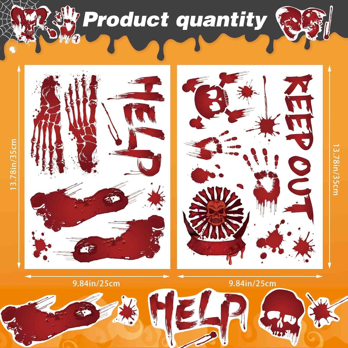 Halloween Wall Stickers, 8 Sheets Bloody Handprint and Footprint Stickers, Scary Halloween Party Decorations, Large Size Door Bathroom Indoor & Outdoor Home Decor