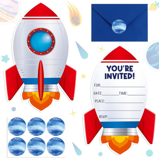 30 Sets Rocket Space Christmas Birthday Invitations with Envelopes Stickers Galactic Planet Themed Invitations for Boy Kids Birthday Party Supplies Decoration