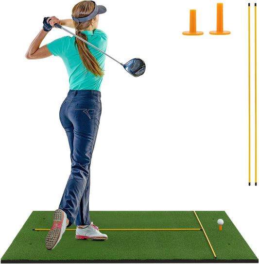 Goplus Golf Mat, 5x3ft/5x4ft Golf Hitting Mat 20/25/27/32mm Thick w/2 Alignment Sticks & 2 Golf Tees, Portable Artificial Turf Grass Training Mat Practice for Indoor Outdoor