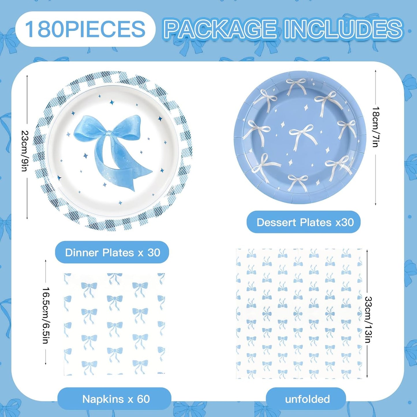 180Pcs Blue Bow Party Supplies Paper Plates and Napkins Serve 60 Disposable Tableware Set for Birthday Party Decorations Game Day Family School Holiday Sports Events