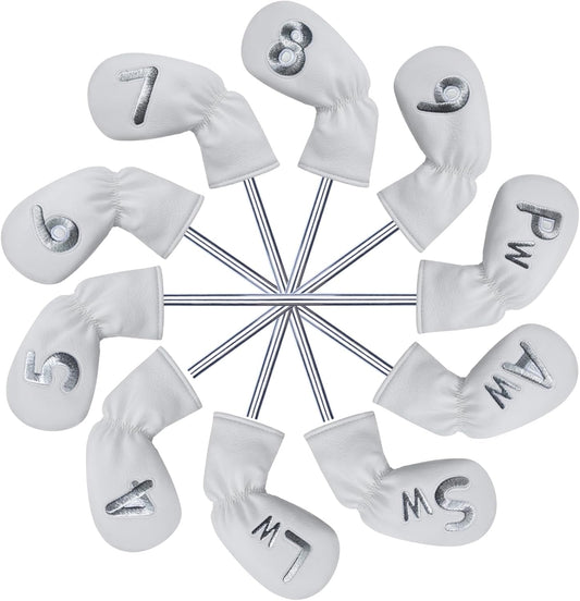 10 Pcs Iron Covers for Golf Clubs, Premium PU Leather Golf Iron Covers with Embroidered Big Numbers, Fits Most Iron Clubs and Hybrid Irons, Easy On and Off