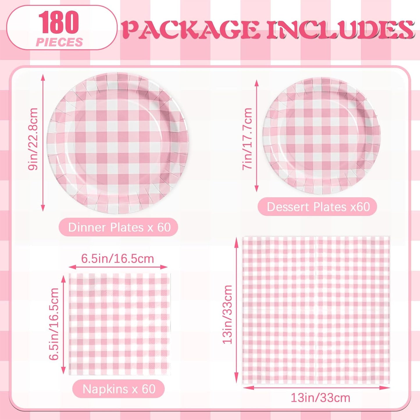 180Pcs Pink Gingham Party Supplies Paper Plates and Napkins Serve 60 Disposable Tableware Set for Birthday Party Decorations Game Day Family School Holiday Sports Events