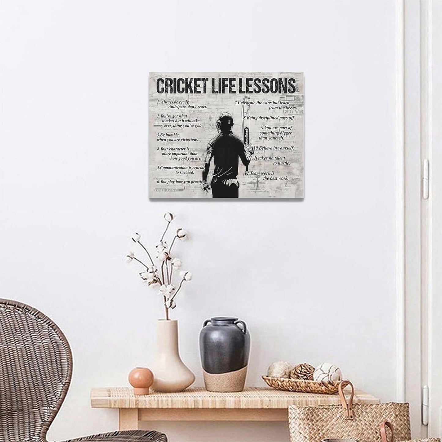 Gyeong Cricket Sports Wall Art Cricket Life Lessons Wall Decor Cricket Sign Retro Poster Boy Men Room Motivational Decorations Canvas Print Painting Artwork for Bedroom Bathroom Living Room 20"x16"