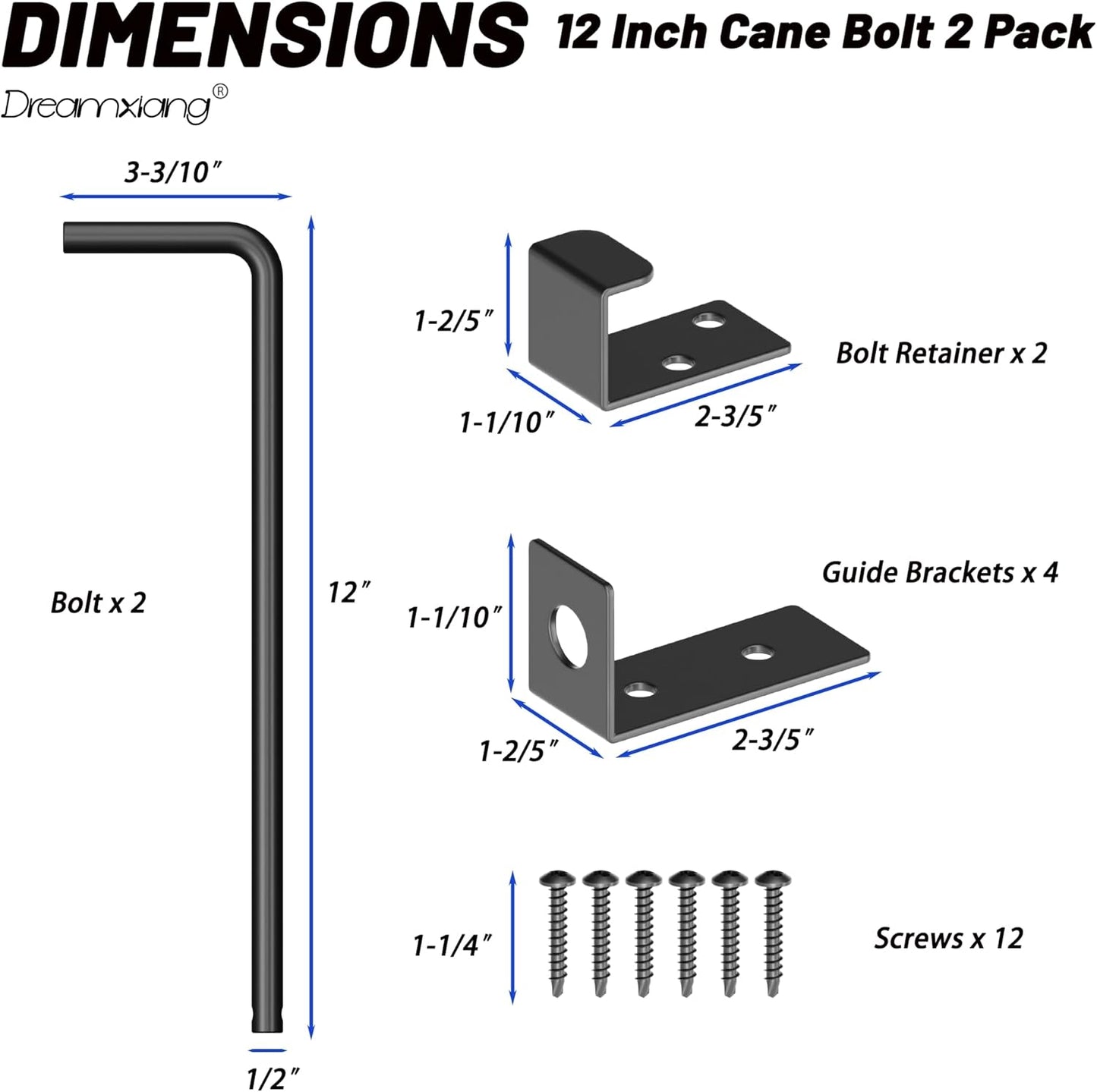 12" Heavy Duty Cane Bolt Gate Drop Rod Extra Thick Hardware Ground Latch for Wood PVC Vinyl Metal Fences Gates, Double Doors, Black Solid Steel-2 Pack