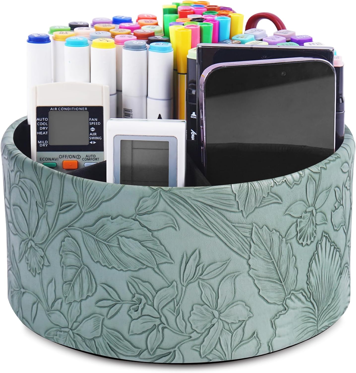 Hennaja Remote Control Holder, 360°Spinning PU Leather Desk TV Remote Caddy,Desk Storage Box Room Accessories for Controller, Media,Mail,Calculator, Mobile Phone,Pencil(1-Carved Green2)