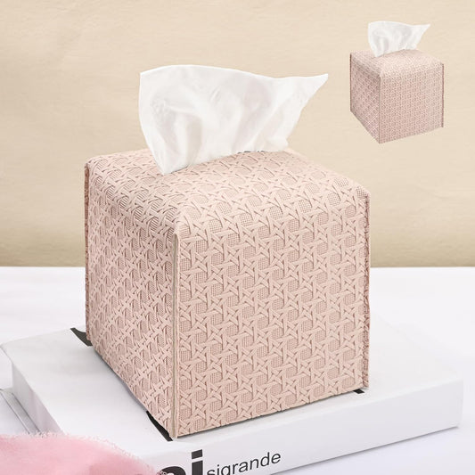 HOMOTEK 2 Pack Tissue Box Cover, Square PU Leather Tissue Holder, Decorative Facial Tissue Cube Paper Organizer Dispenser for Bathroom, Night Stands, Desk, Car 5X5X5'' - Rattan Weave,Macaron Pink