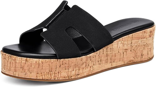 Coutgo Women's Platform Wedge Sandals Open Toe Slip On Slides Cork Heeled by Coutgo