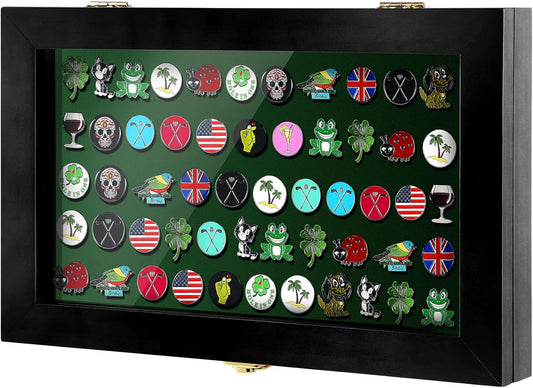40 Golf Ball Marker Display Case Full Magnetic Backing 15.5" W x 9.5" H Wall Mount Wooden W/98% UV Acrylic Door Lockable Storage Display Box for Ball Marker Collection(Black)
