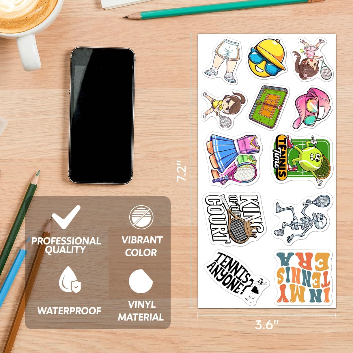 108Pcs Tennis Stickers Pack Cartoon Style Vinyl Decals for Water Bottles Laptop Skateboard Phone Journal Scrapbook Luggage Decoration Fun Quotes and Characters