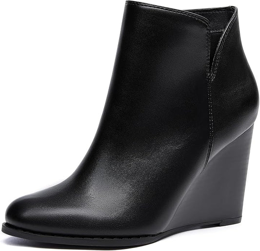 LAICIGO Womens V Cut Wedge Ankle Booties Zip-up Closed Toe Stacked Heel Faux by LAICIGO