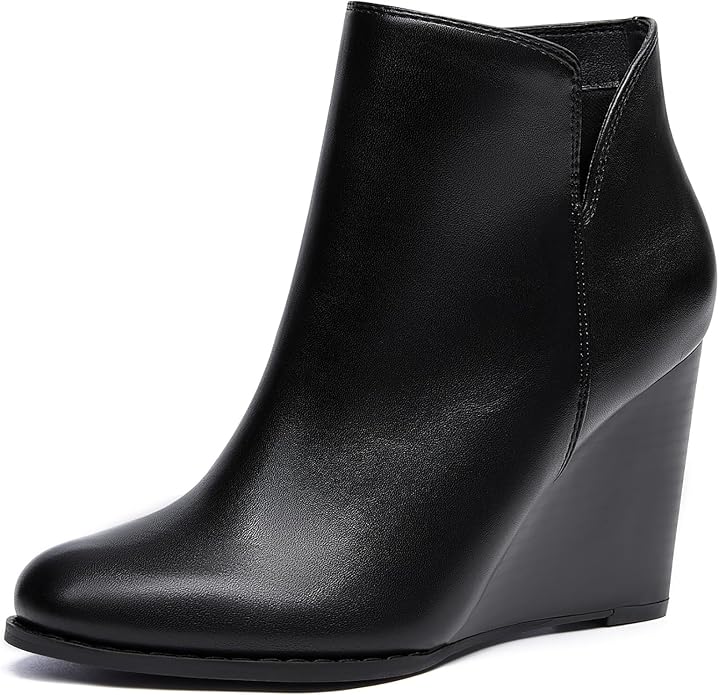 LAICIGO Womens V Cut Wedge Ankle Booties Zip-up Closed Toe Stacked Heel Faux by LAICIGO