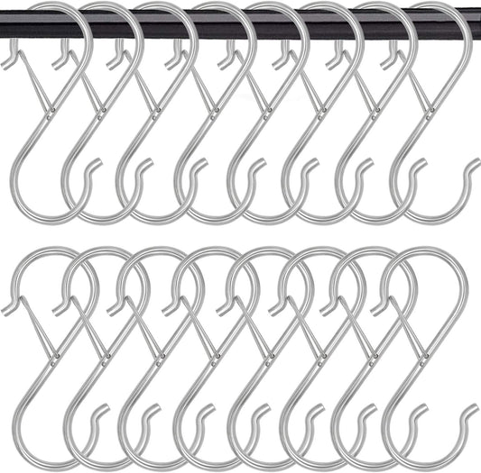 16 Pack S Shaped Hooks - 3.5 inch Heavy Duty Hooks with Safety Buckle for Hanging Plants, Clothes, Kitchen Utensils, Bags (Silver)