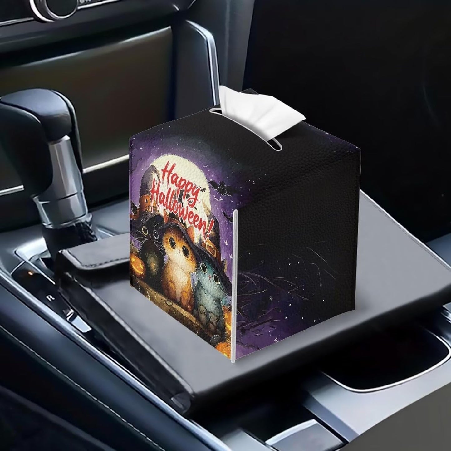 Happy Halloween Tissue Box Cover Square Tissue Box Holder 5x5x5 inch Napkin Dispenser Organizer with Cat Print Holiday Home Decor for Car Office Living Room