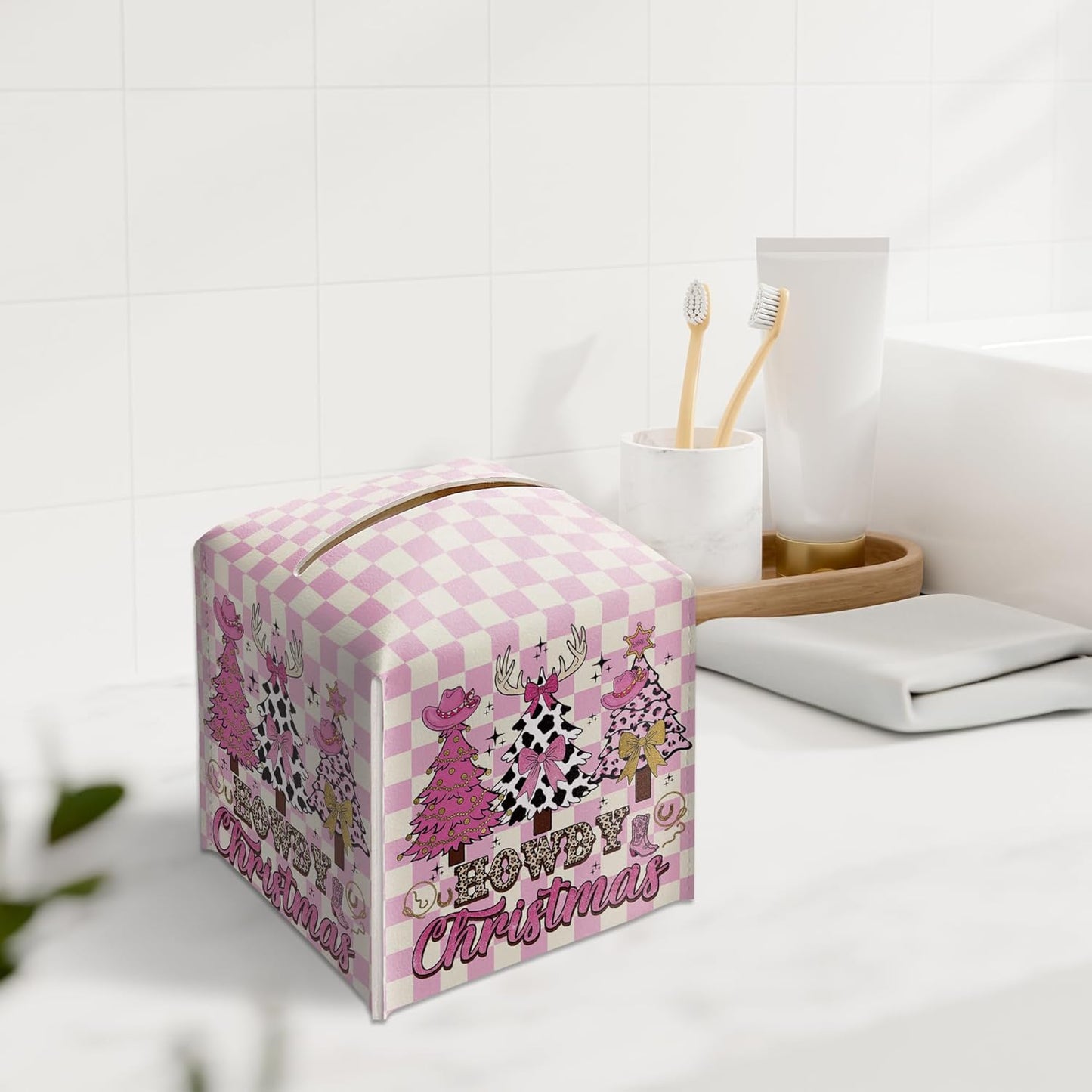 Howdy Christmas Tissue Box Holder, Pink Checkered Cowgirl Western Christmas Trees Leather Tissue Box Cover Square, Paper Facial Decorative Tissues Cover for Bathroom Office Home Decor-B07