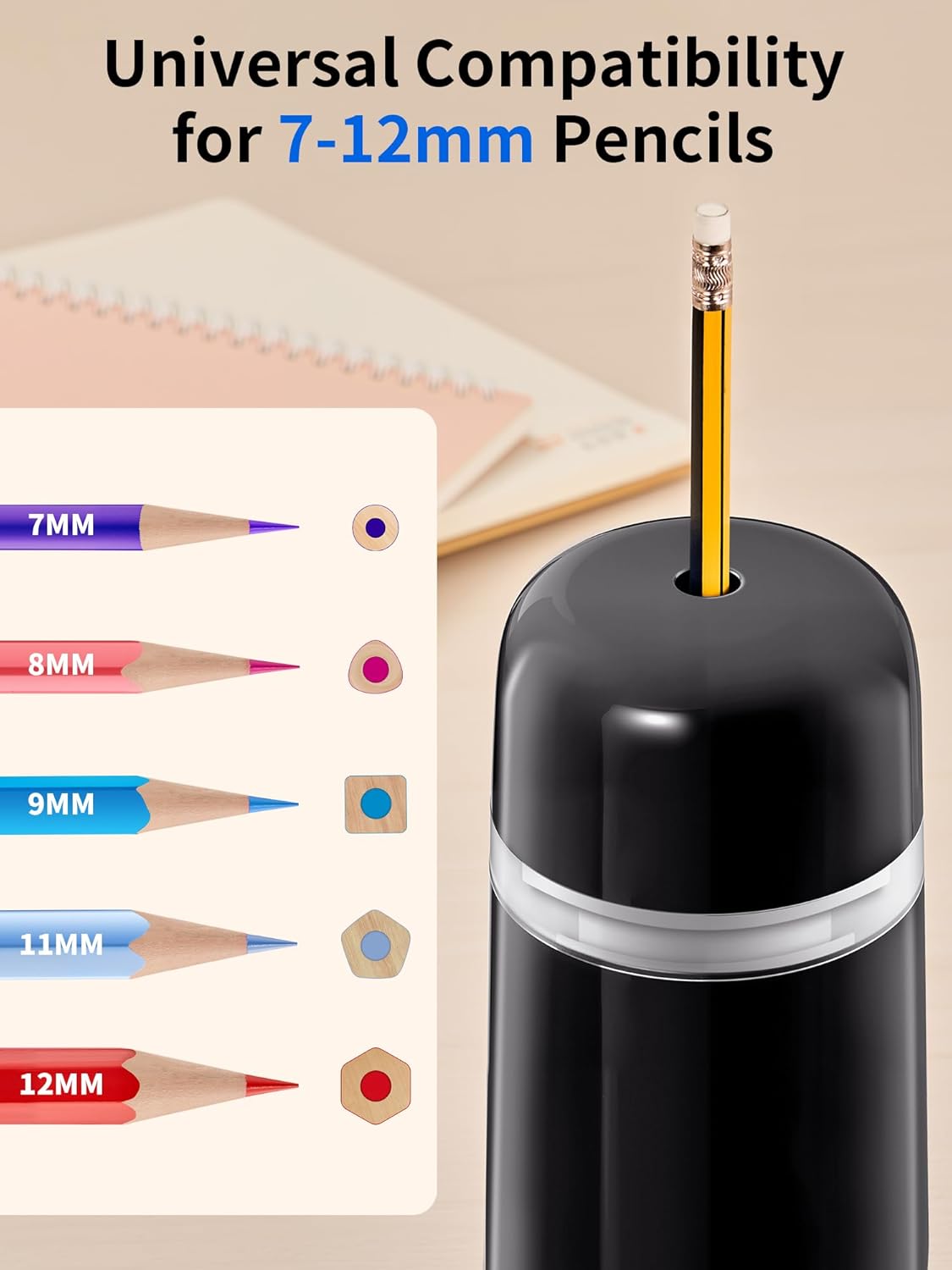 JARLINK Automatic Electric Pencil Sharpener - Hands-Free Operation, 3 Sharpness Modes, 3-Second Sharpening, Rechargeable & Portable for 7-12mm Pencils, Ideal for Classroom and Home Use (Black)