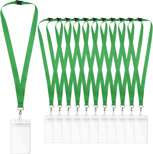 12-Pack Green Breakaway Lanyards with Waterproof Badge Holders, Polyester Neck Straps for ID Cards, Events, Office, and Schools