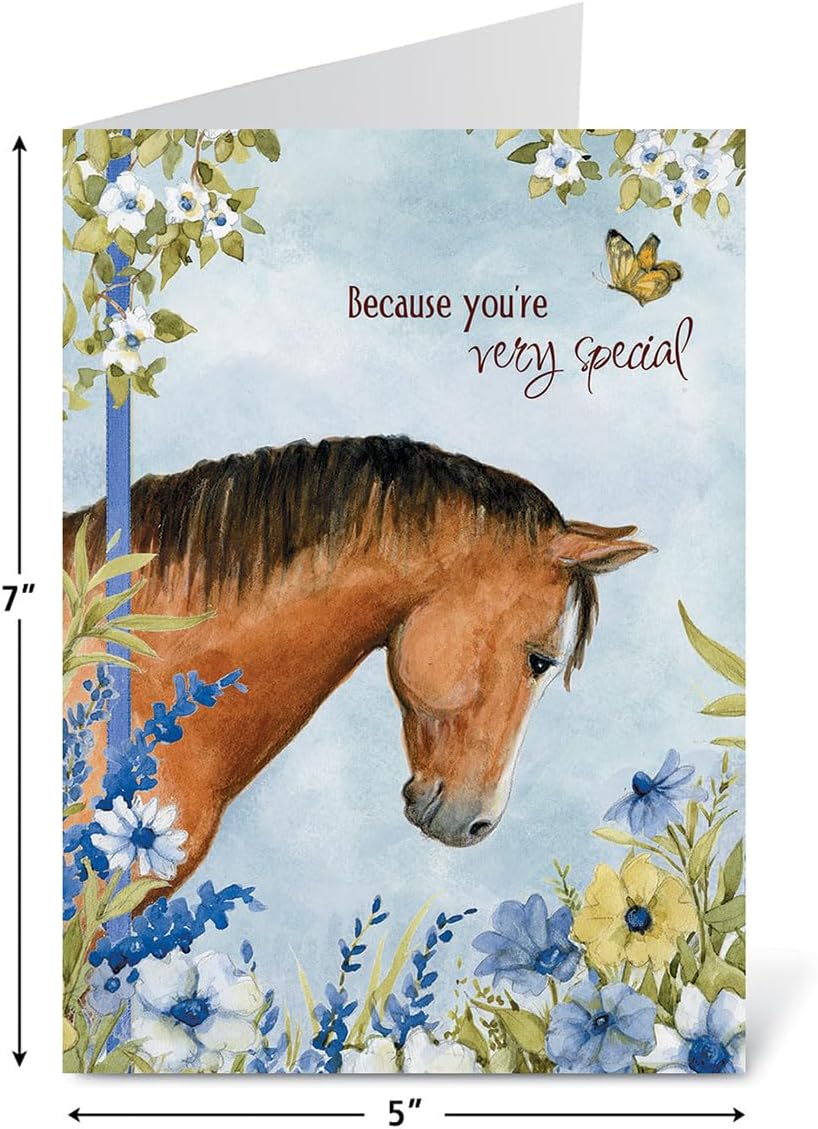 Horses in Flowers Birthday Greeting Cards by Susan Winget - Set of 8 (4 Designs), Large 5" x 7", Happy Birthday Cards with Sentiments Inside