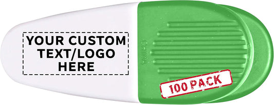 100 Magnetic Memo Holders Set - Customizable Text, Logo - Large Clip, Plastic - White Green