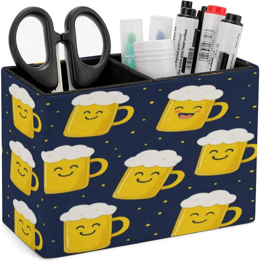 Beer Mugs Pattern Lether Pen Holder for Desk Makeup Brush Holder Office Organizer Desk Accessory for School Office