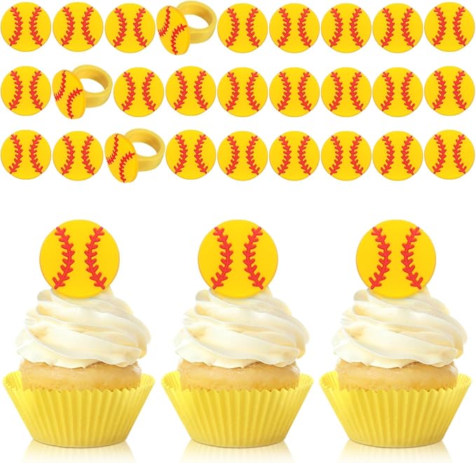Honeydak 48 Pcs Softball Cupcake Rings Toppers Decoration Sport Ball Theme Cake by Honeydak