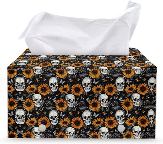 Halloween Tissue Box Cover with Skull Sunflower Print Waterproof Portable for Travel Designed with Modern PU Leather Folding Indoor Decorations 9.7"x5.2"x5.12" Easy to Clean