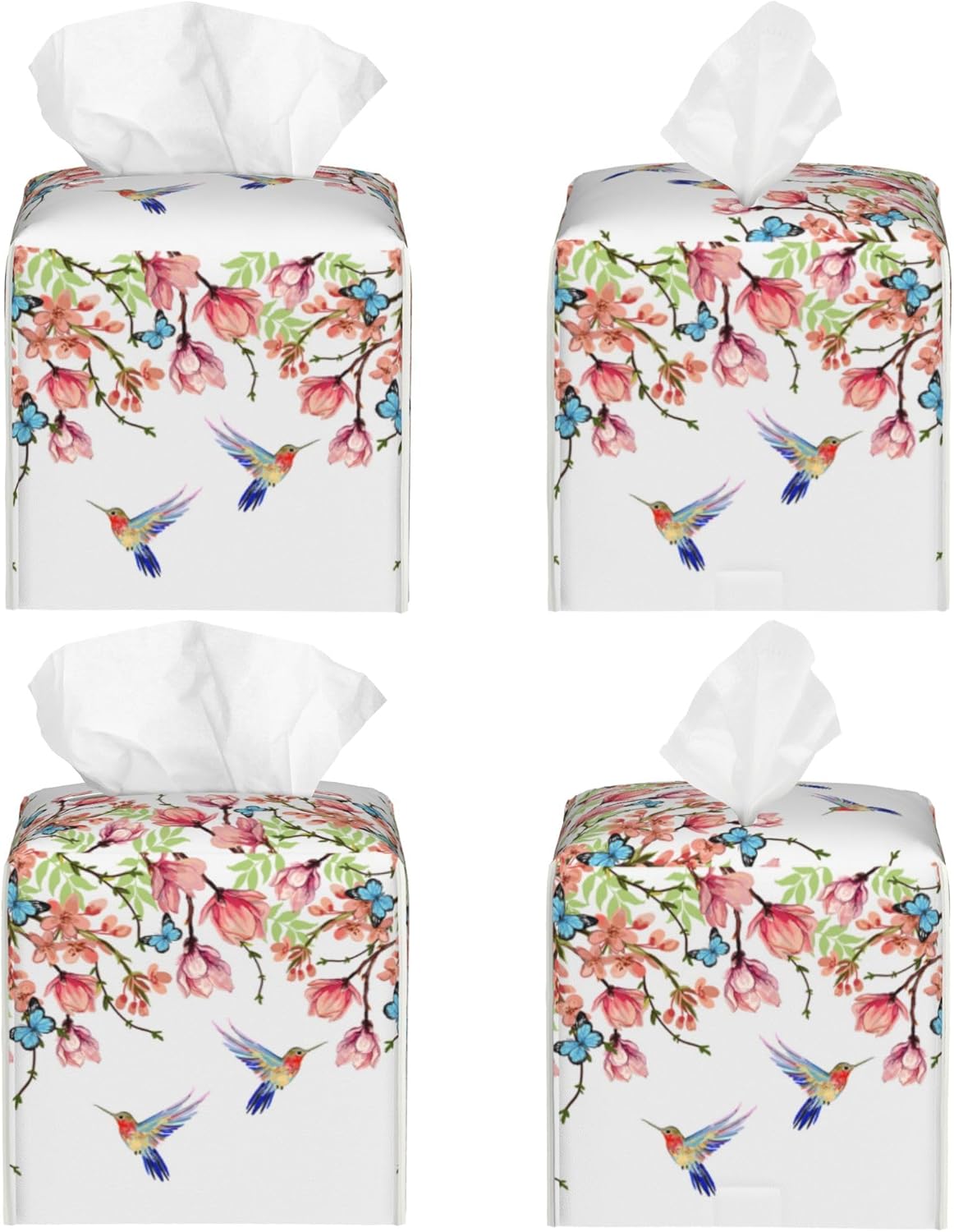 Hummingbird and Flowers Tissue Box Cover Square,Pink Floral Bird Butterfly Tissue Box Holder Waterproof Leather Facial Paper Organizer Dispenser for Bathroom Home Car Nightstand Vanity Desk