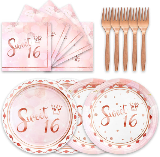 48Pcs Sweet 16 Party Decorations 16th Tableware Set Supplies Pink Disposable Birthday Plates Napkins Forks Serves 16 Sweet Sixteen Party Decorations For Girls