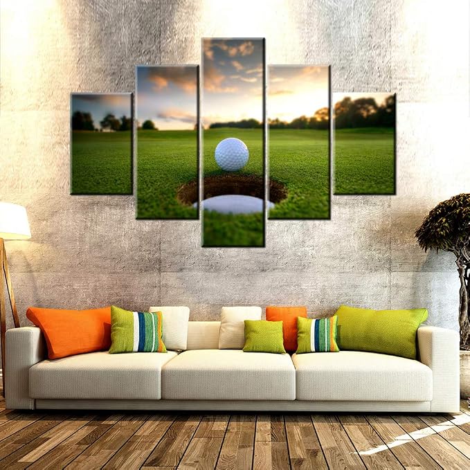 Golf Cours Paintings Golf Ball at Sunset Pictures Green Field Wall Art - Image 3